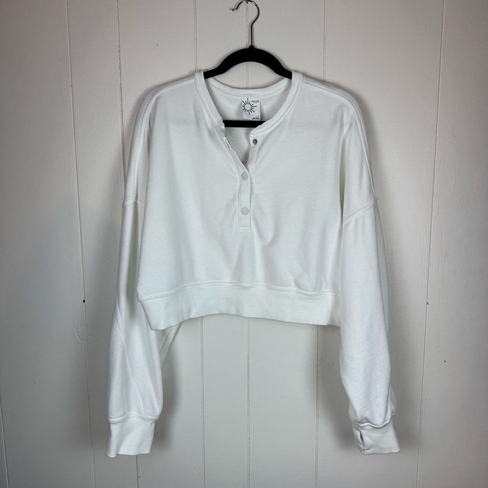 Offline by Aerie White Cropped Henley Sweatshirt Women’s Large Long Sleeve